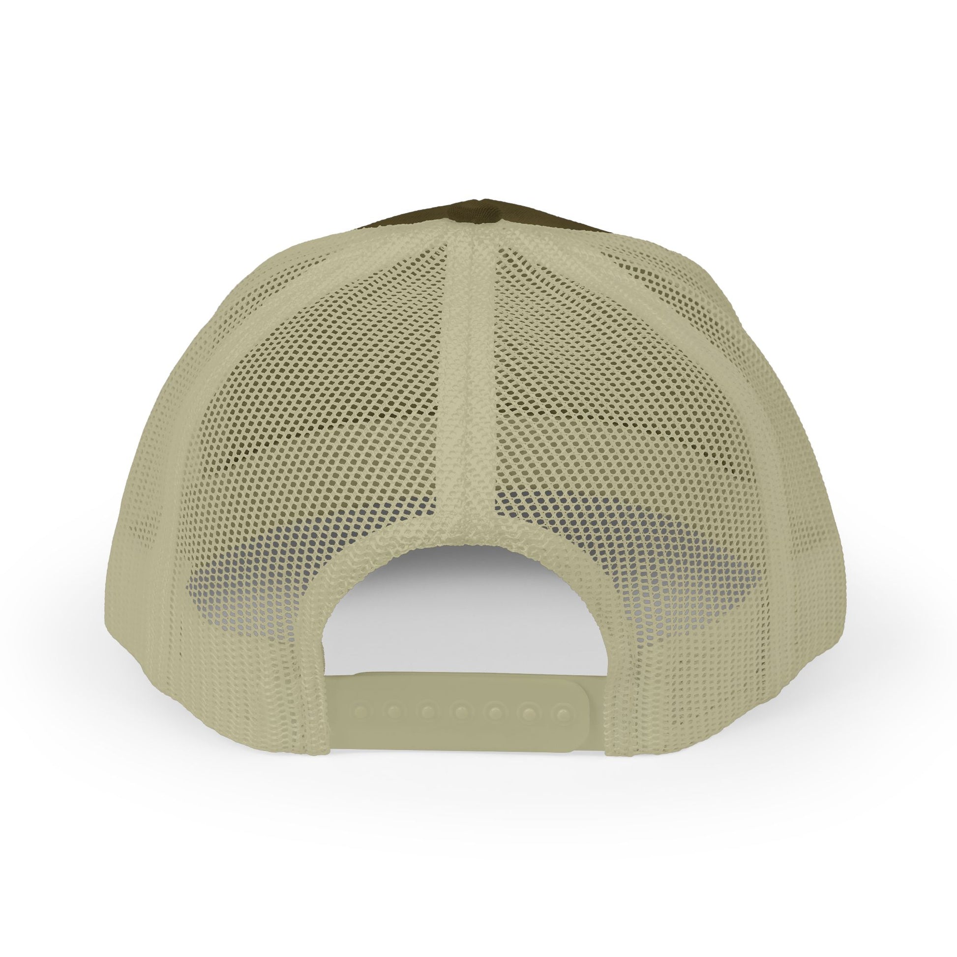 Back view of a green mesh cap on a white background