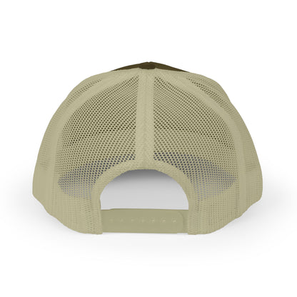 Back view of a green mesh cap on a white background