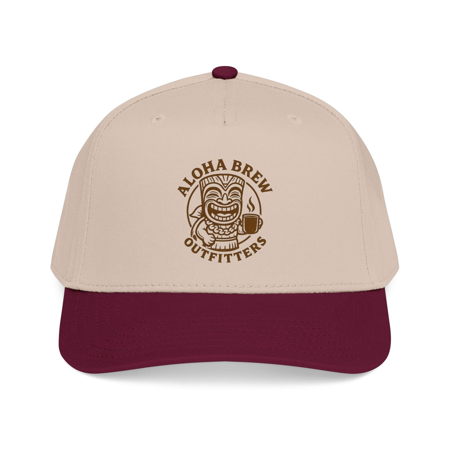 Beige and maroon cap with 'Aloha Brew Outfitters' logo