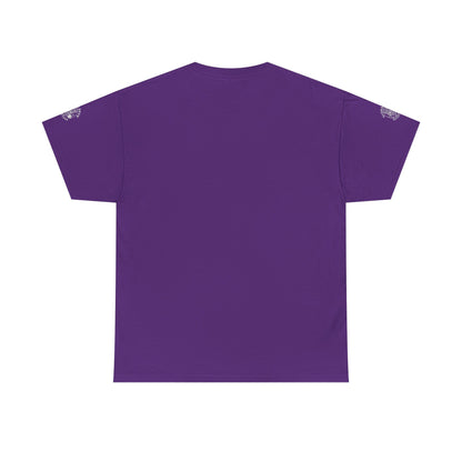 Purple t-shirt with a small white logo on the shoulders