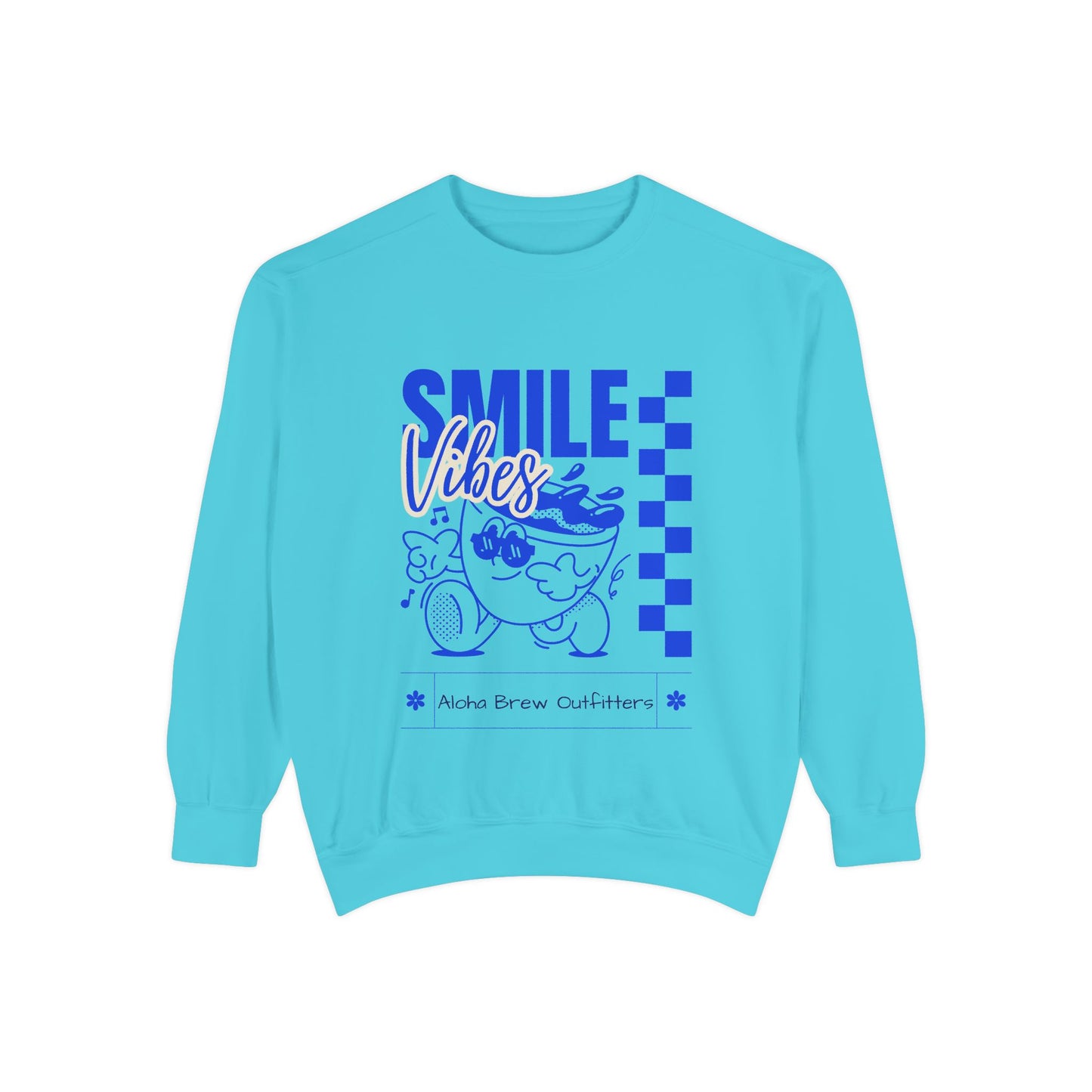 Light blue sweatshirt with 'Smile Vibes' text 