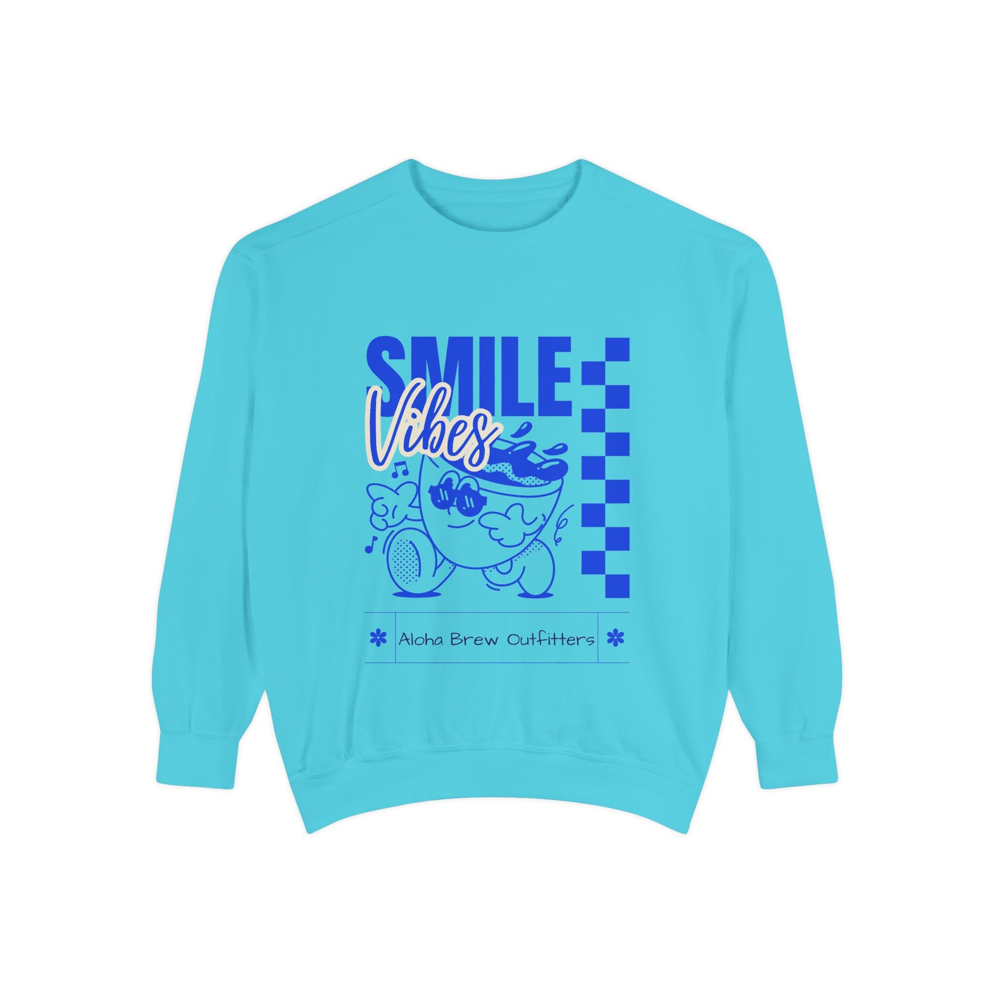 Light blue sweatshirt with 'Smile Vibes' text 
