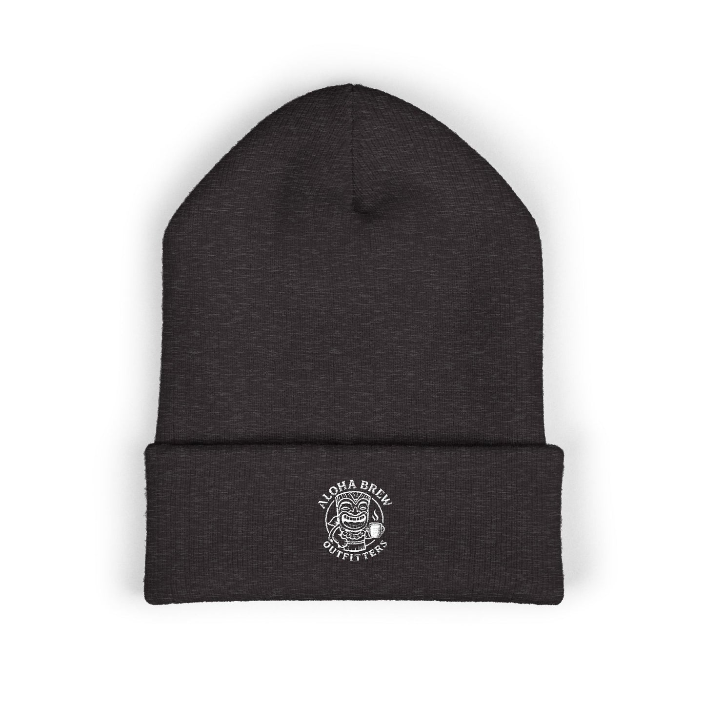 Dark gray beanie with a logo on a white background