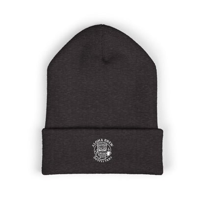 Dark gray beanie with a logo on a white background