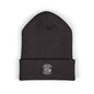 Dark gray beanie with a logo on a white background