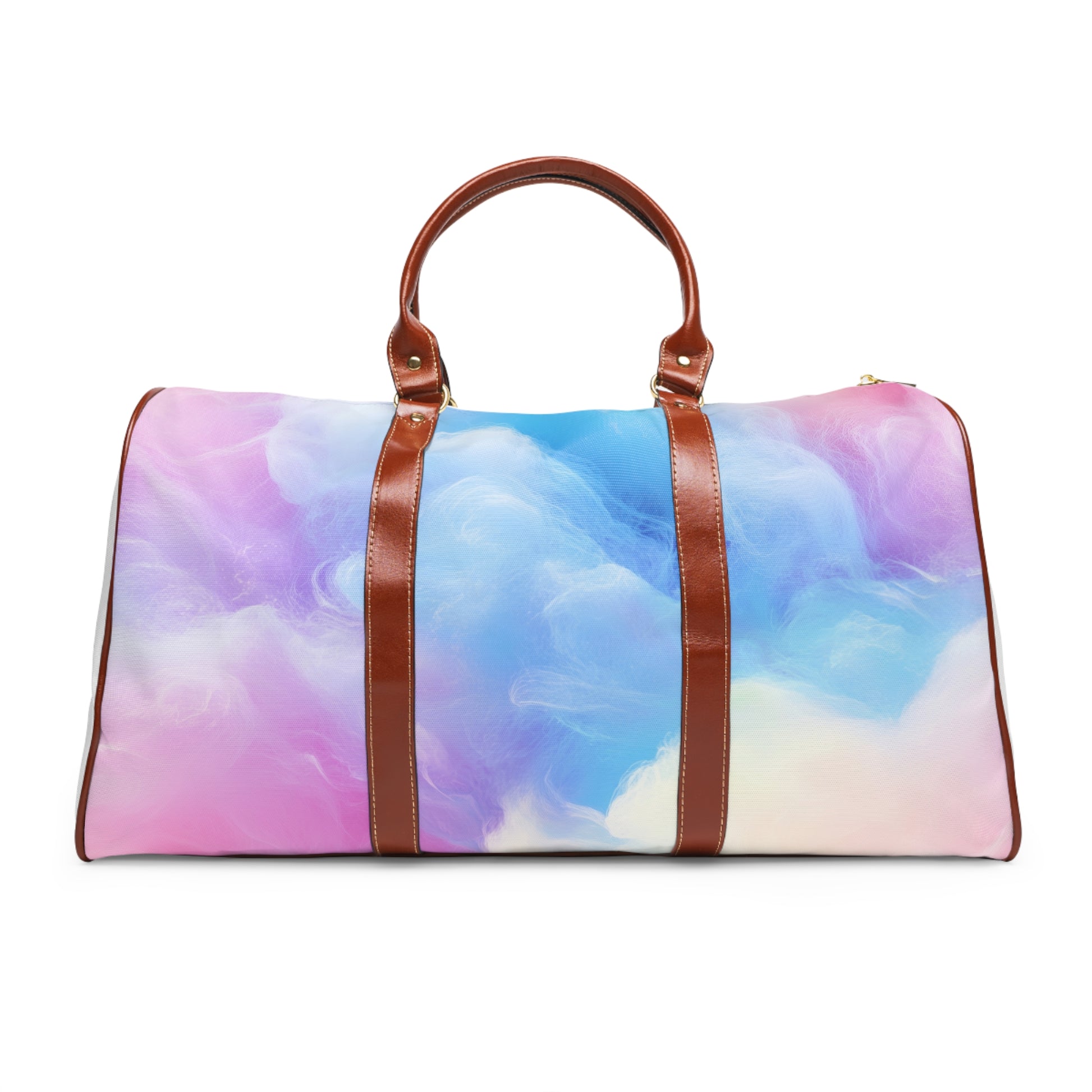 Pastel cloud waterproof travel duffle bag with brown handles front view
