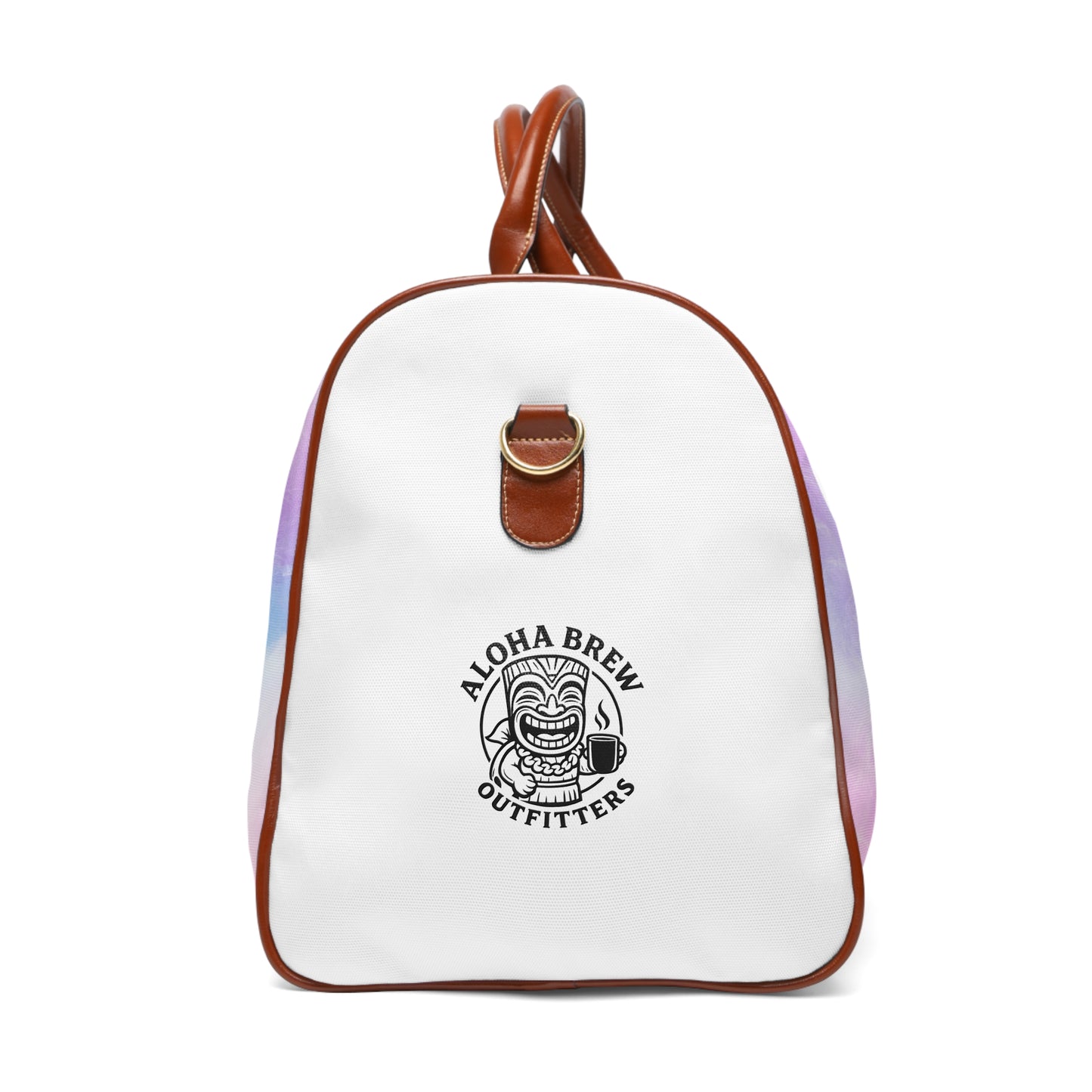 Side view of pastel duffle bag showing spacious structure and soft colors
