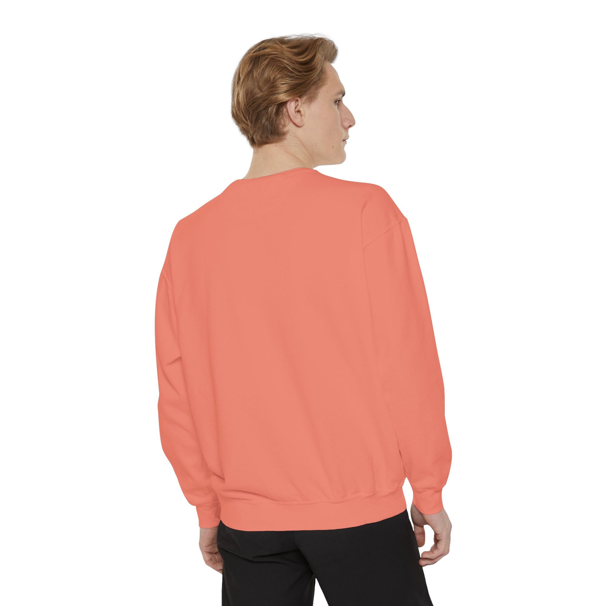 Person wearing a coral sweatshirt