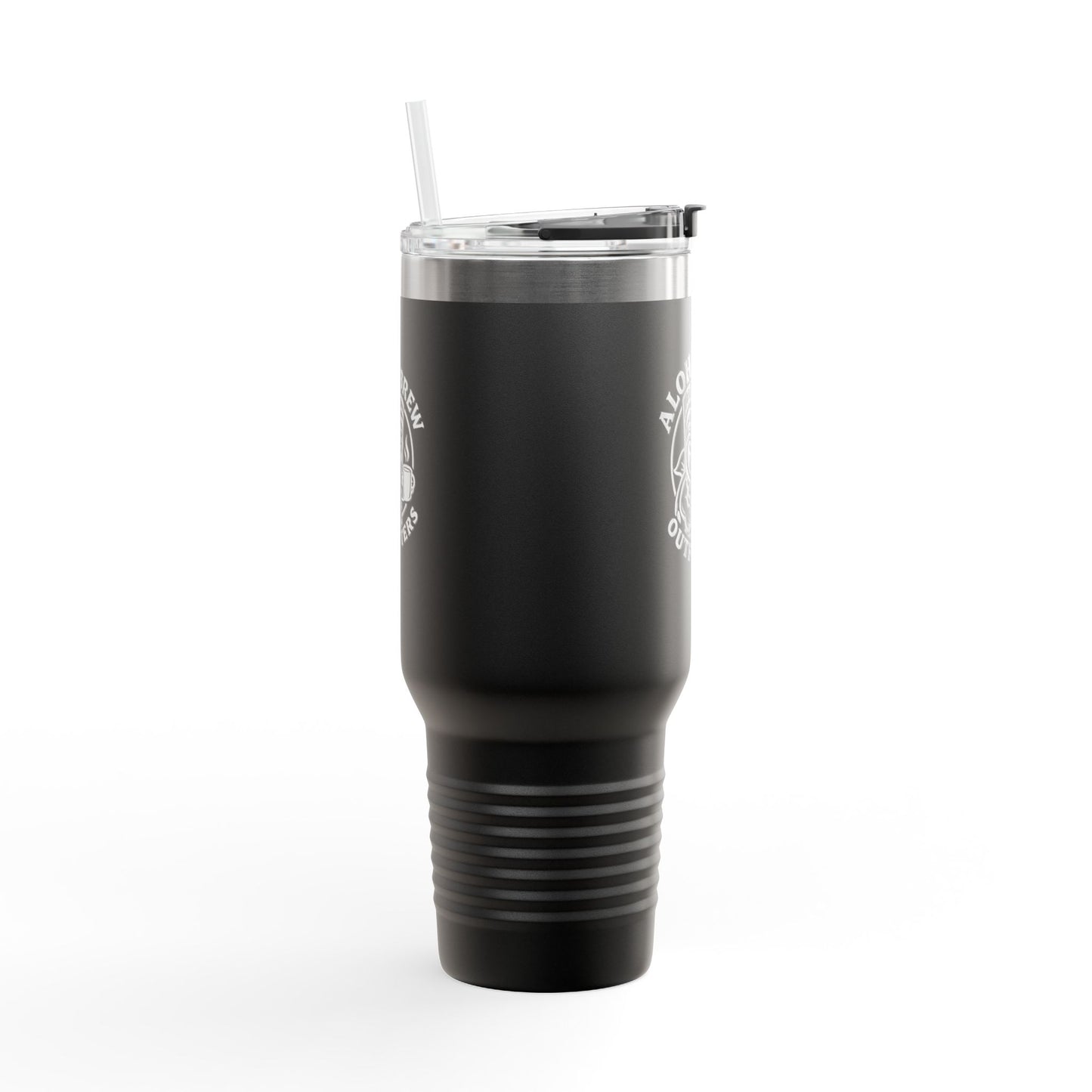 Black tumbler with a straw on a white background