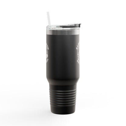Black tumbler with a straw on a white background