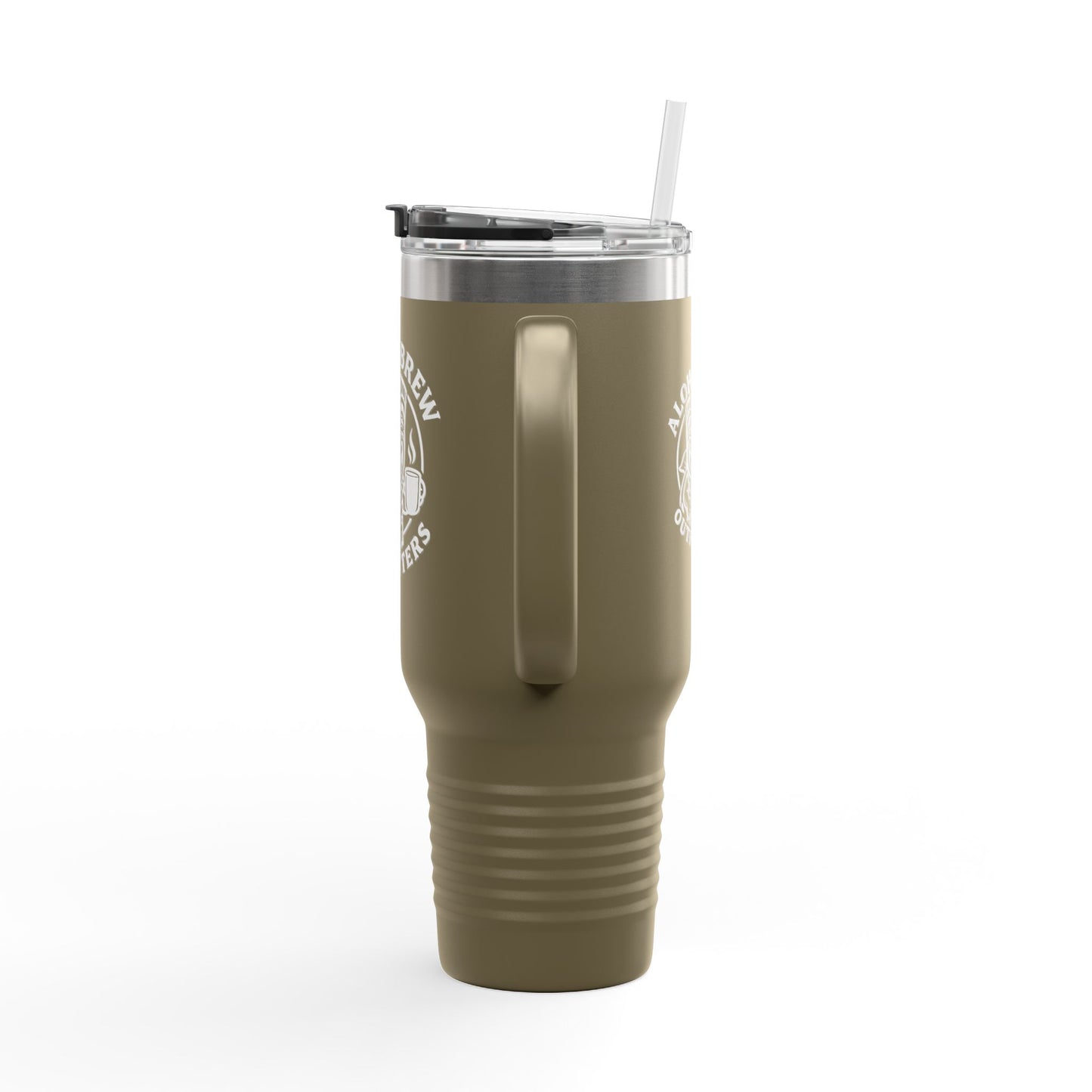 Green insulated tumbler with straw on a white background