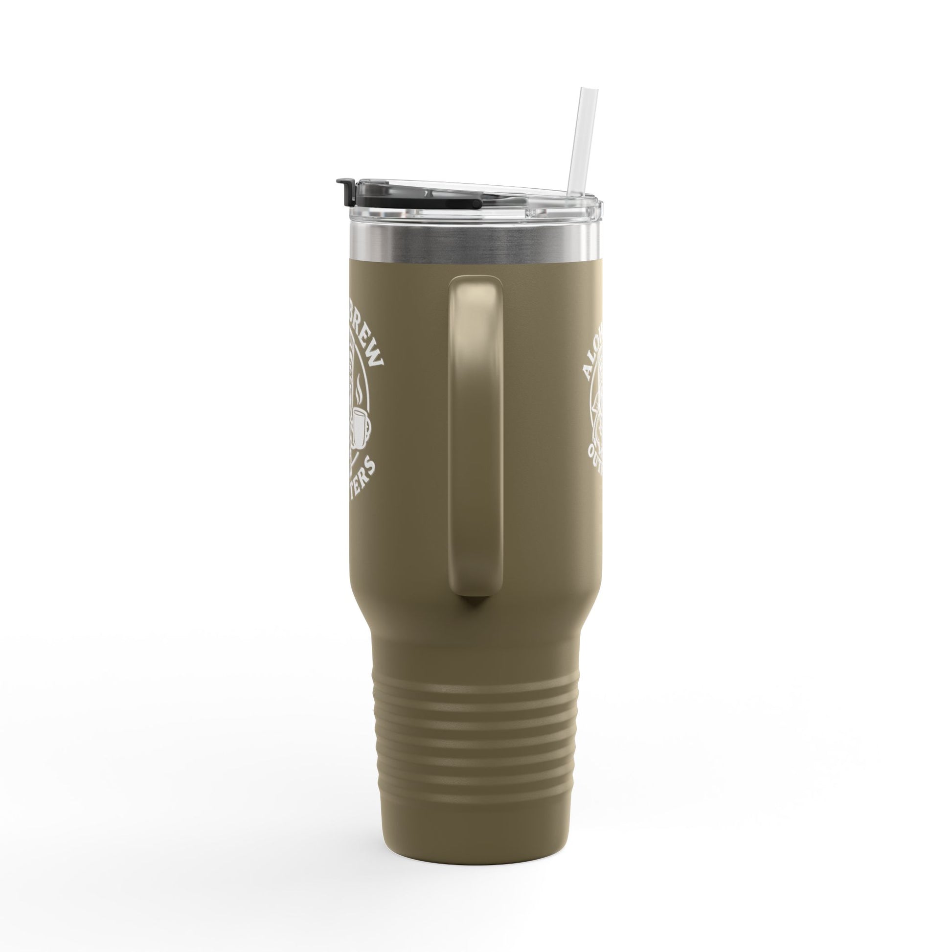 Green insulated tumbler with straw on a white background
