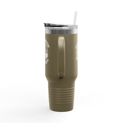 Green insulated tumbler with straw on a white background