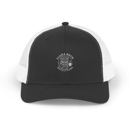 Black and white Aloha Brew trucker hat front view