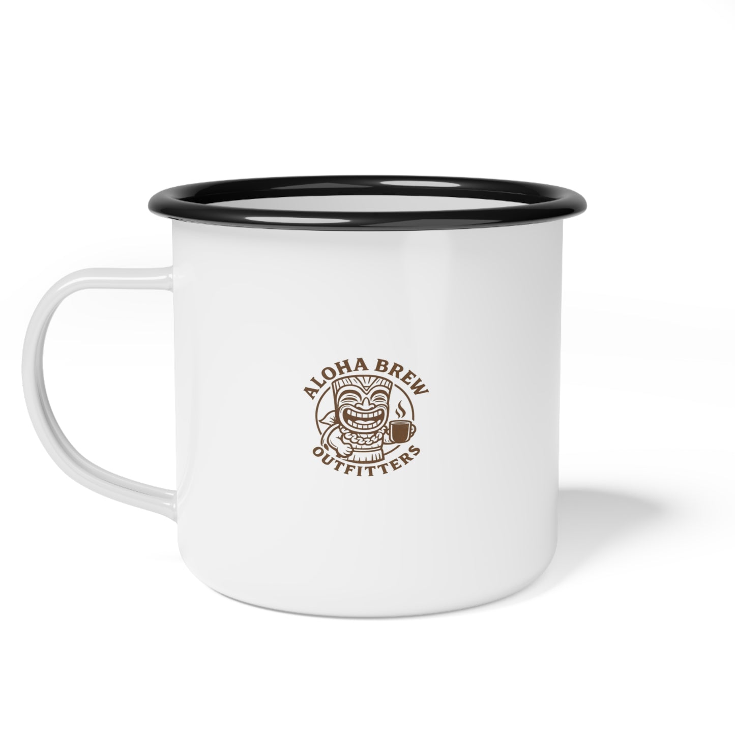 White enamel camping mug with aloha brew outfitters logo
