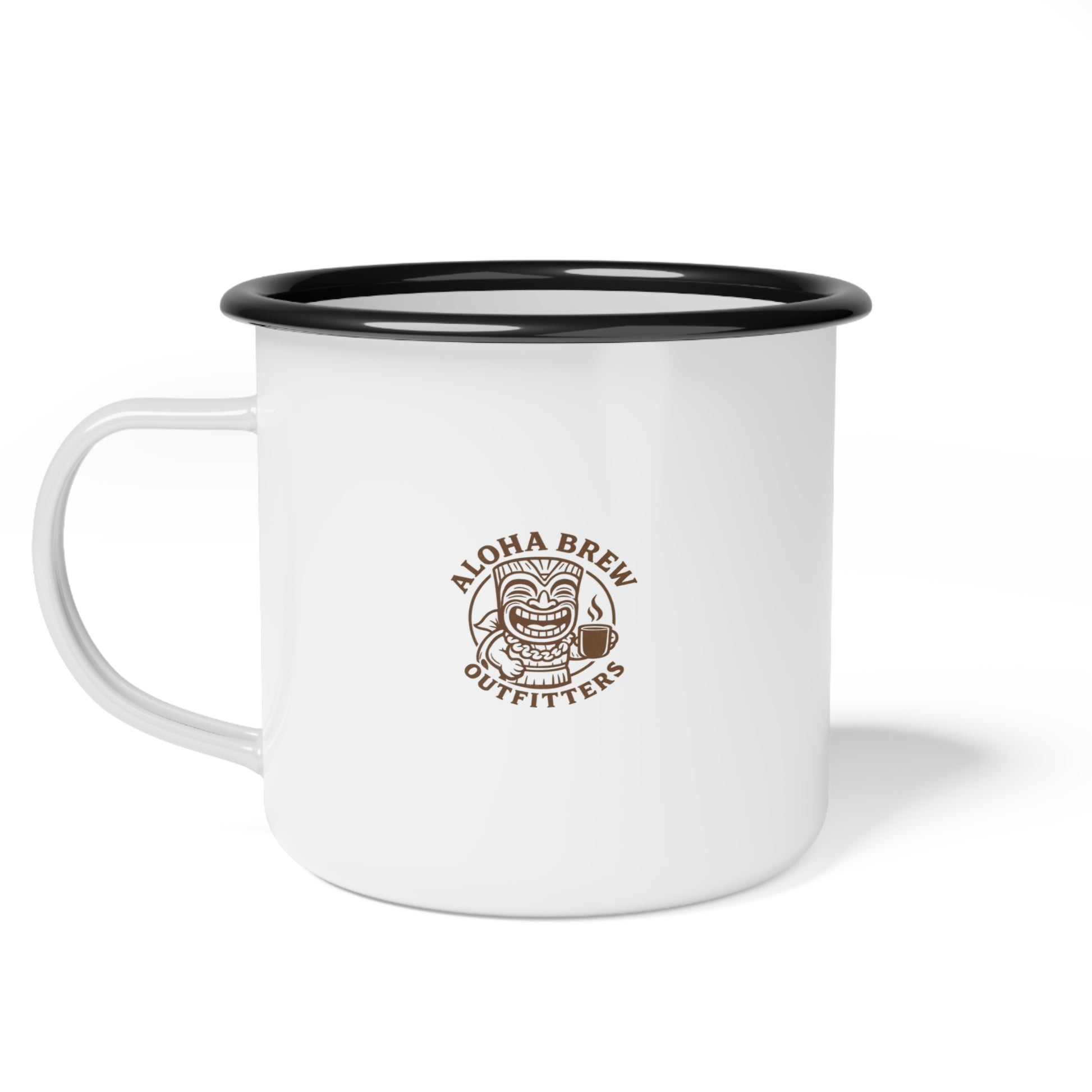 White enamel camping mug with aloha brew outfitters logo
