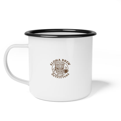 White enamel camping mug with aloha brew outfitters logo
