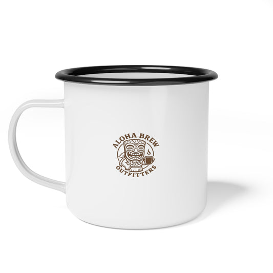 White enamel camping mug with aloha brew outfitters logo
