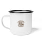 White enamel camping mug with aloha brew outfitters logo
