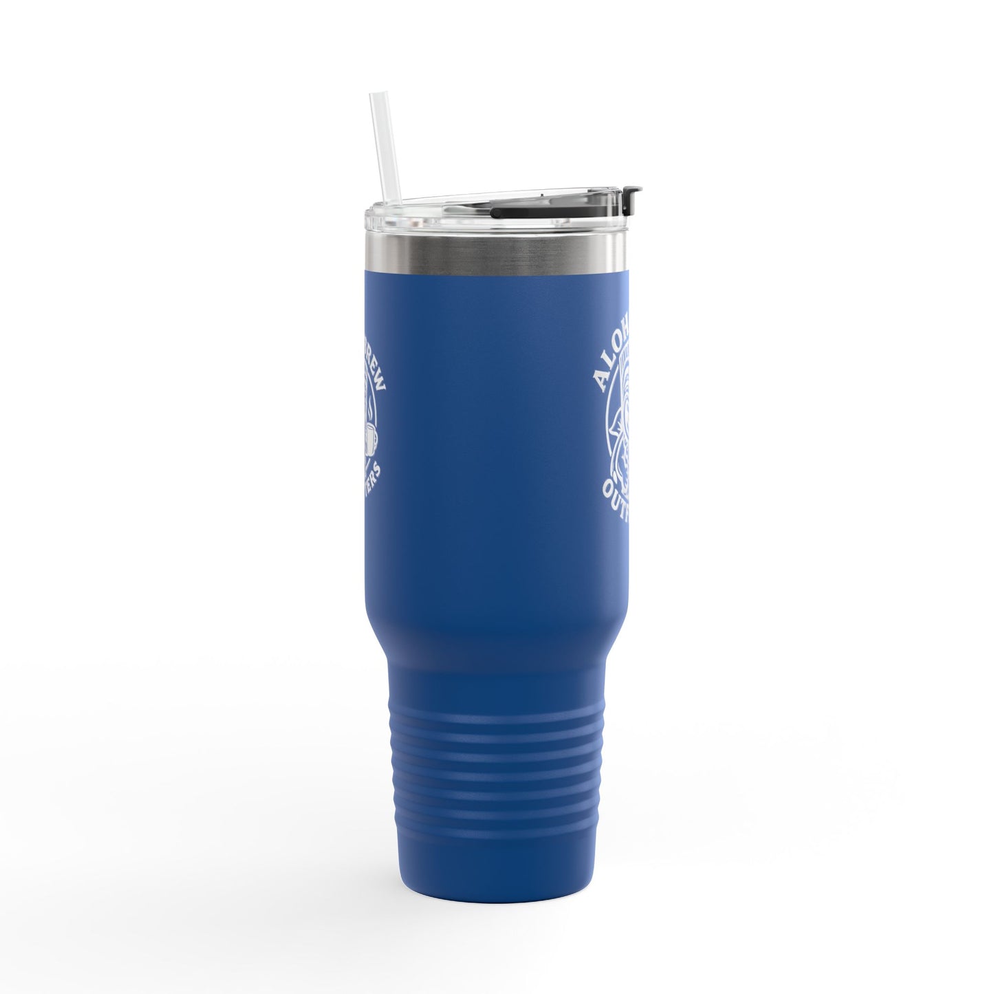 Blue tumbler with a straw on a white background