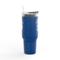 Blue tumbler with a straw on a white background