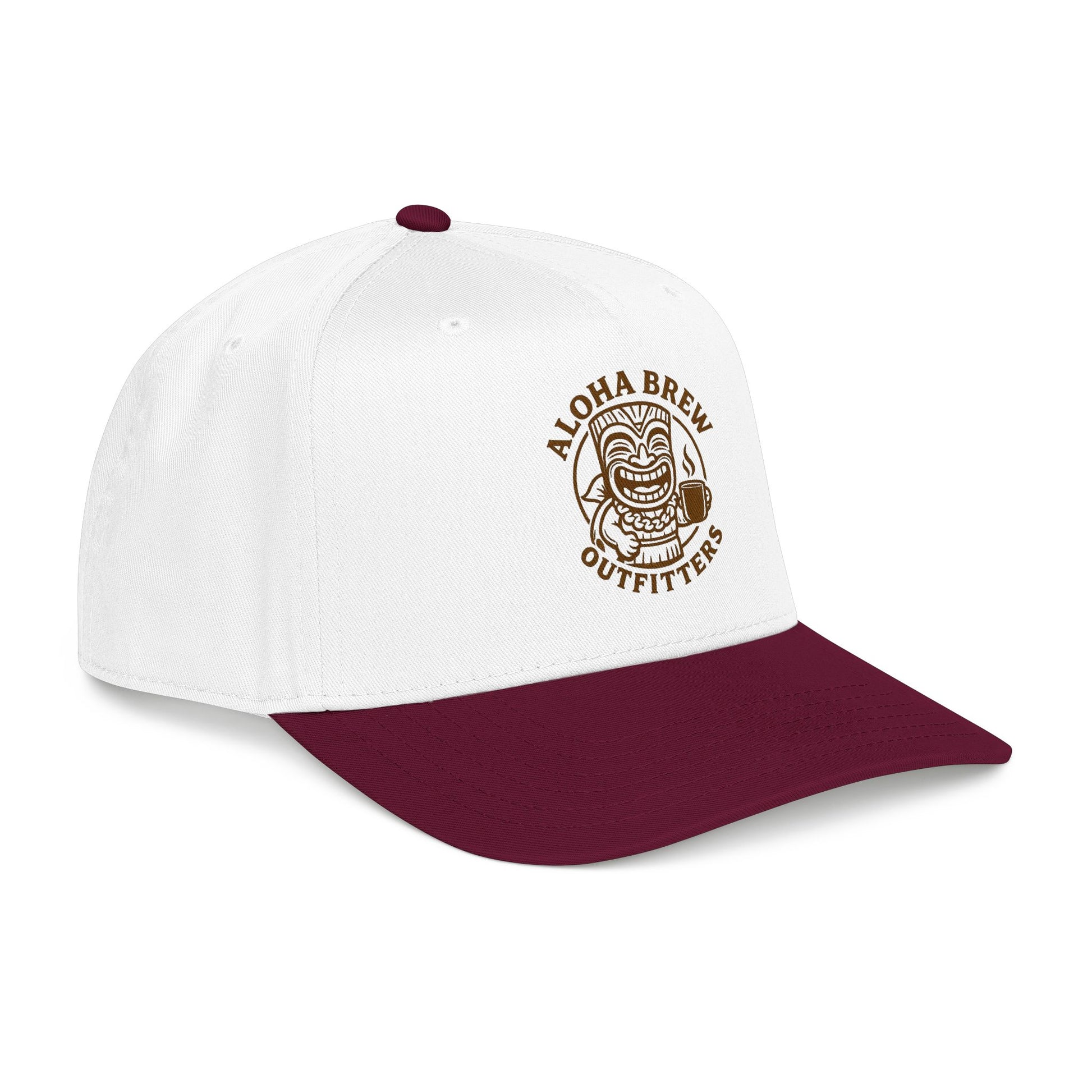 White and maroon baseball cap with 'Aloha Brew Outfitters' logo 