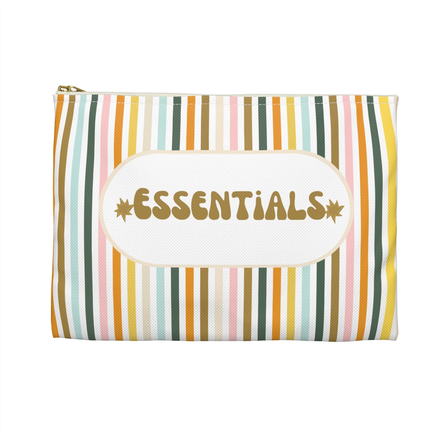 Striped pouch with 'ESSENTIALS' text on a white background