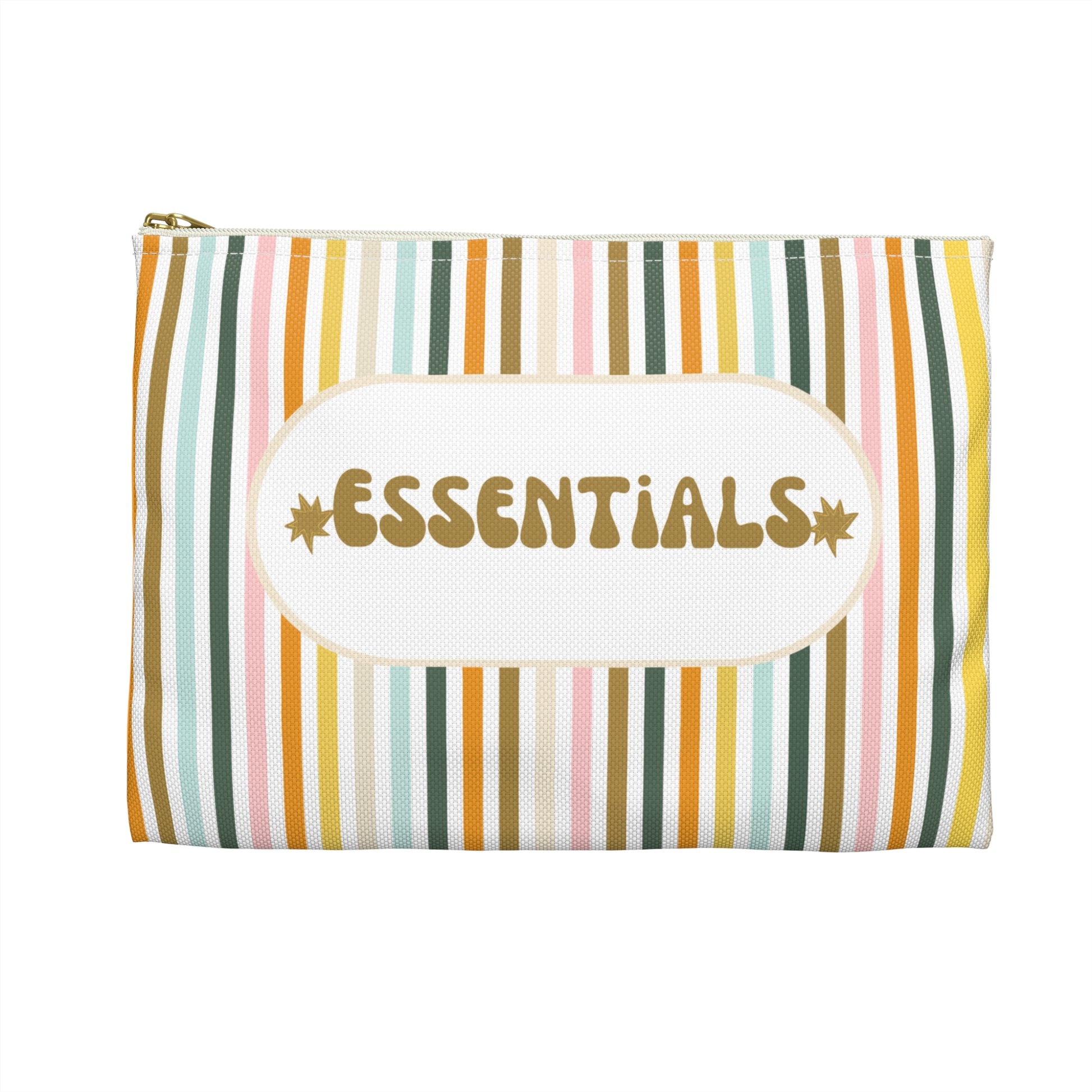 Striped pouch with 'ESSENTIALS' text on a white background