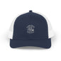 Navy blue breathable mesh cap with a logo 