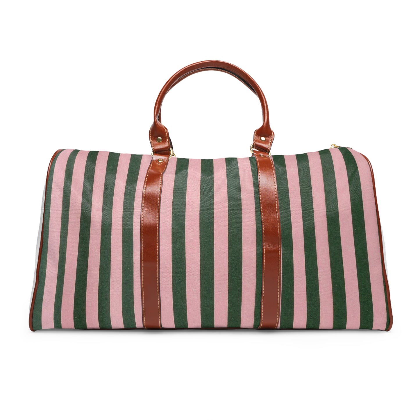 Striped waterproof travel duffle bag with brown leather handles front view