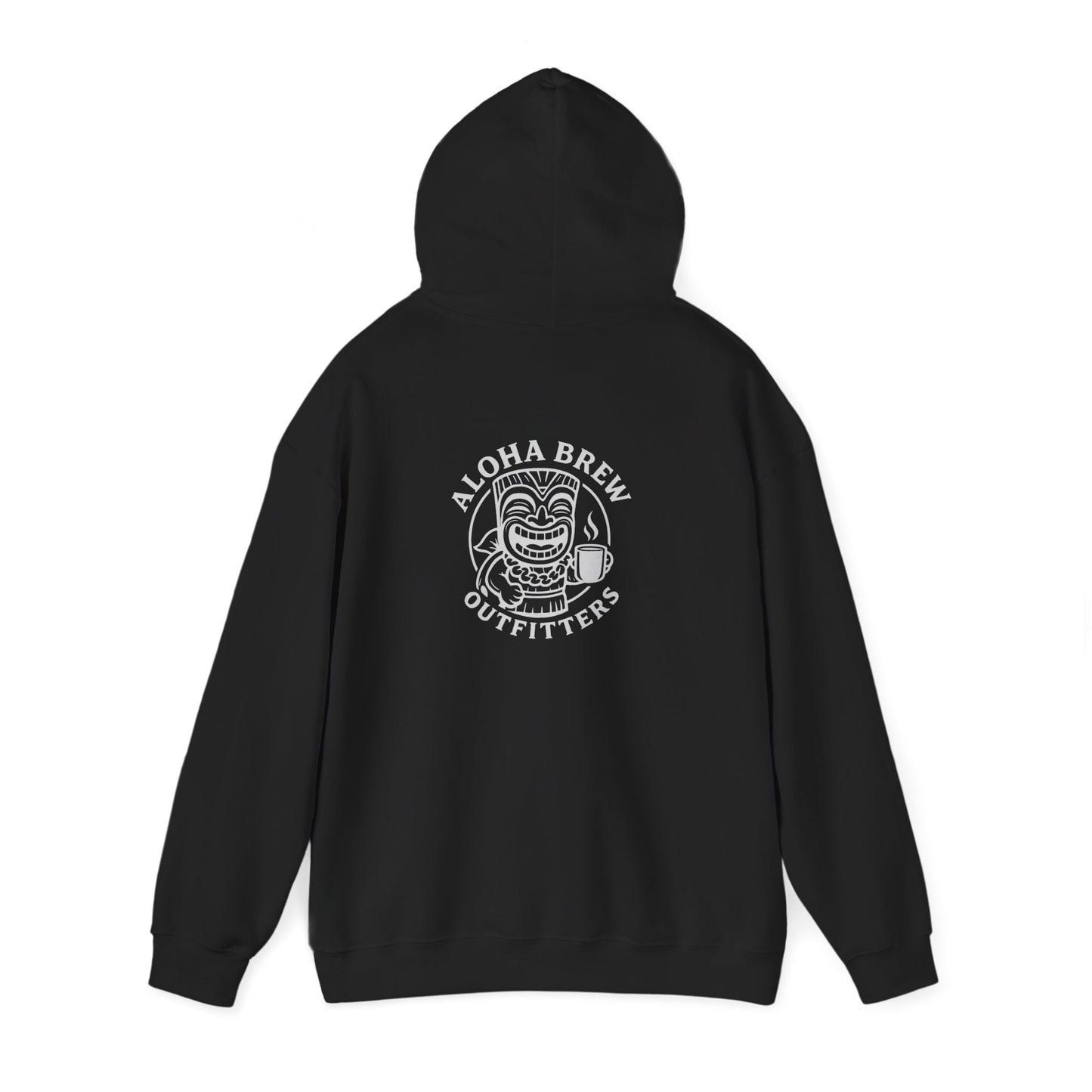 Black hoodie with a graphic design on the back 