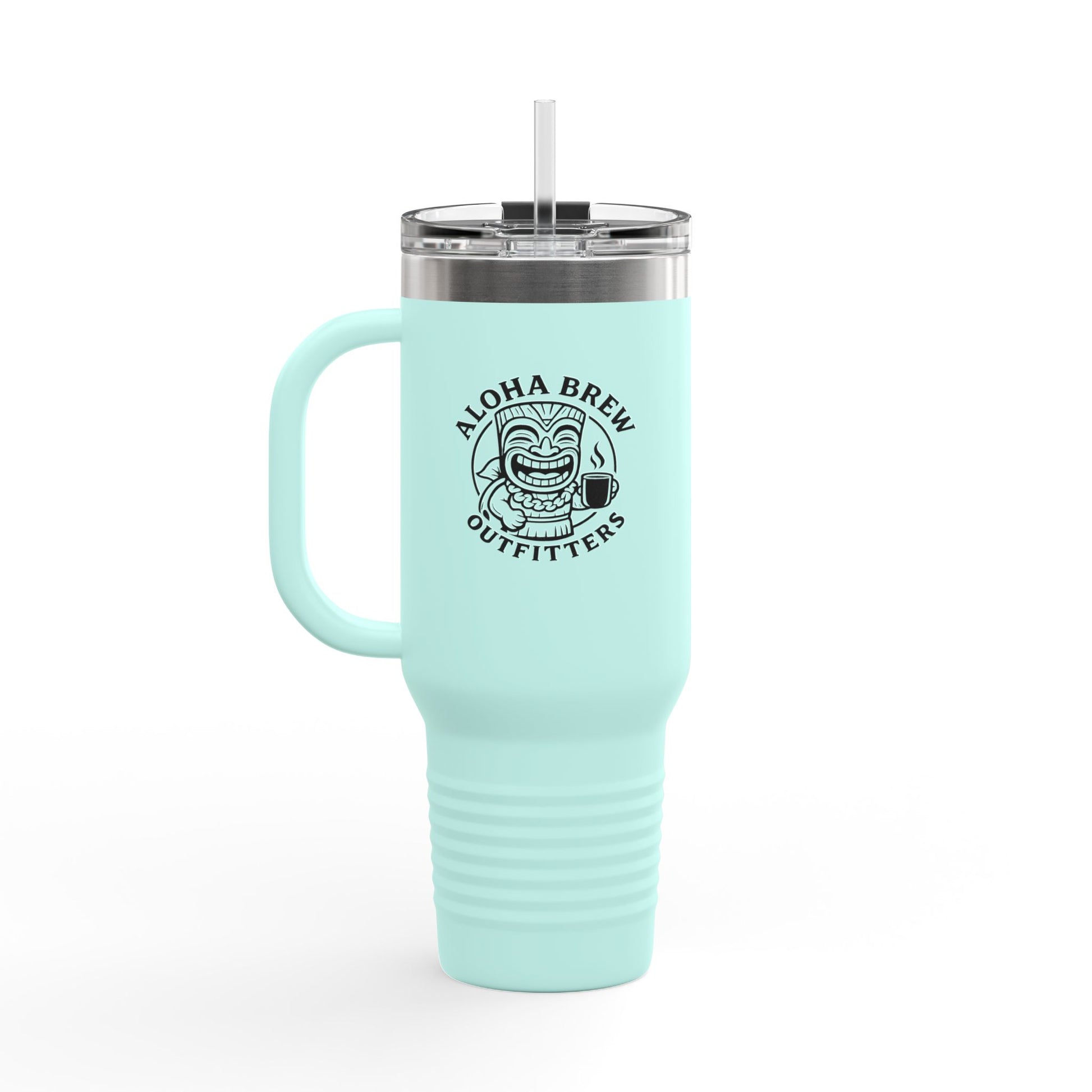 Light blue mug with handle and straw lid, featuring 'Aloha Brew Outfitters' logo 