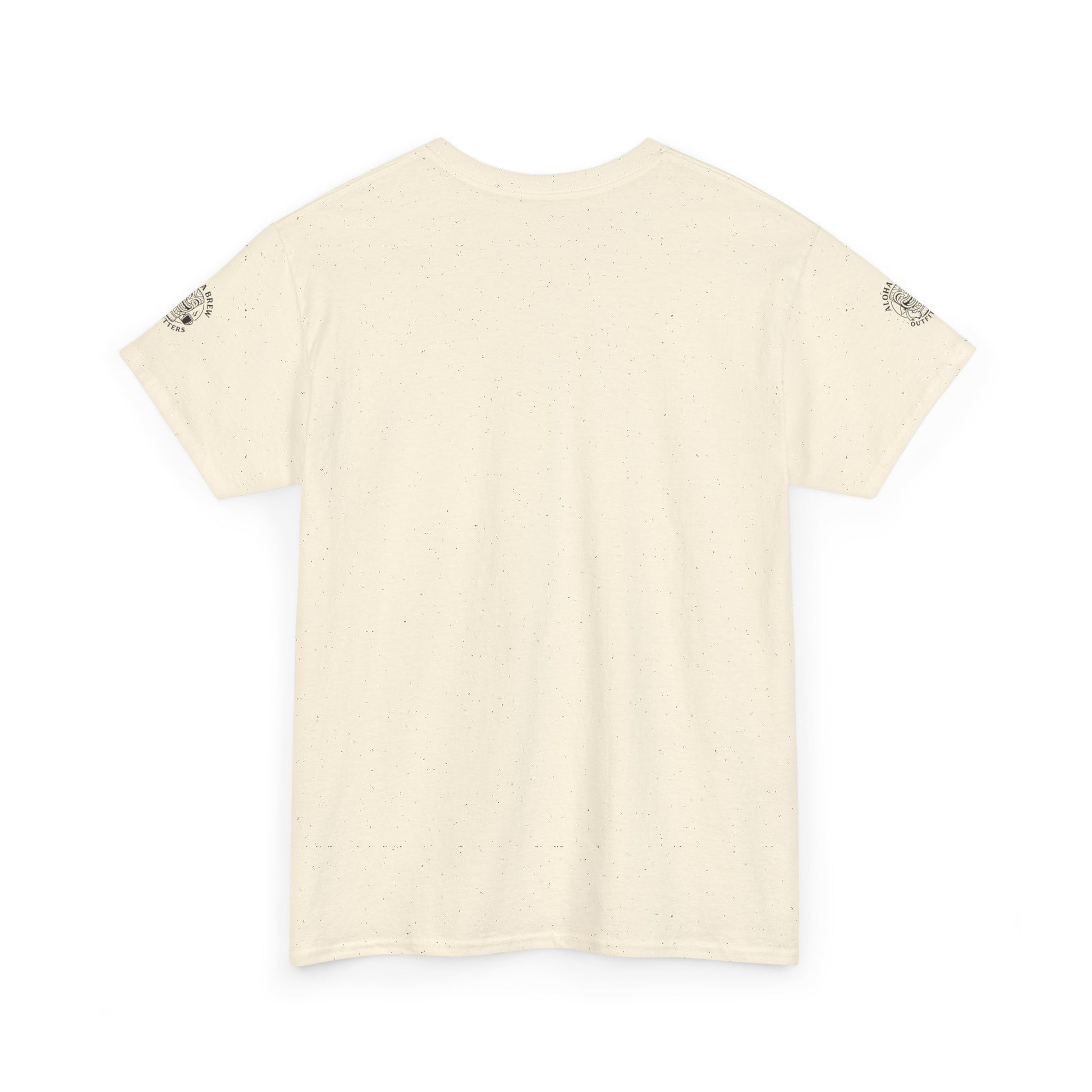 Beige t-shirt with small decorative patches on shoulders against a white background