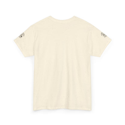 Beige t-shirt with small decorative patches on shoulders against a white background