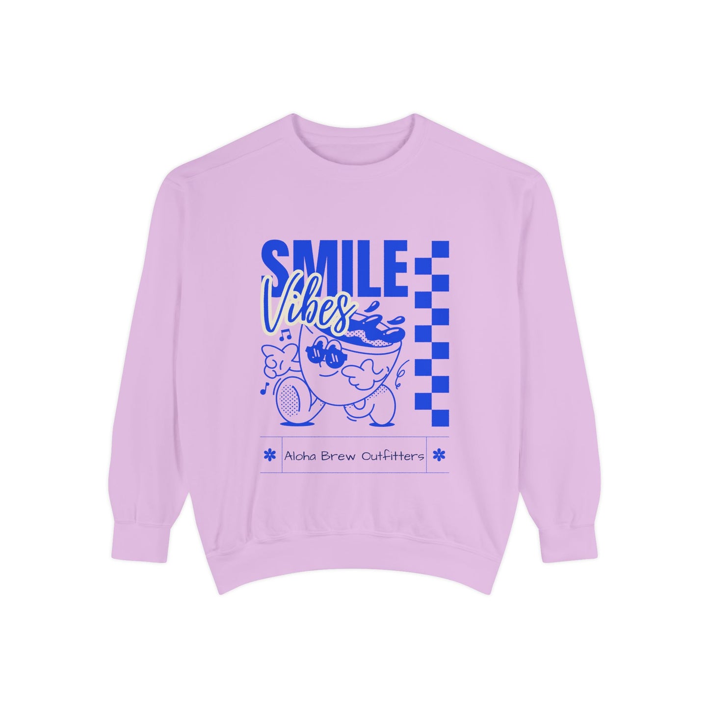 Light purple sweatshirt with blue graphic and text