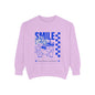 Light purple sweatshirt with blue graphic and text