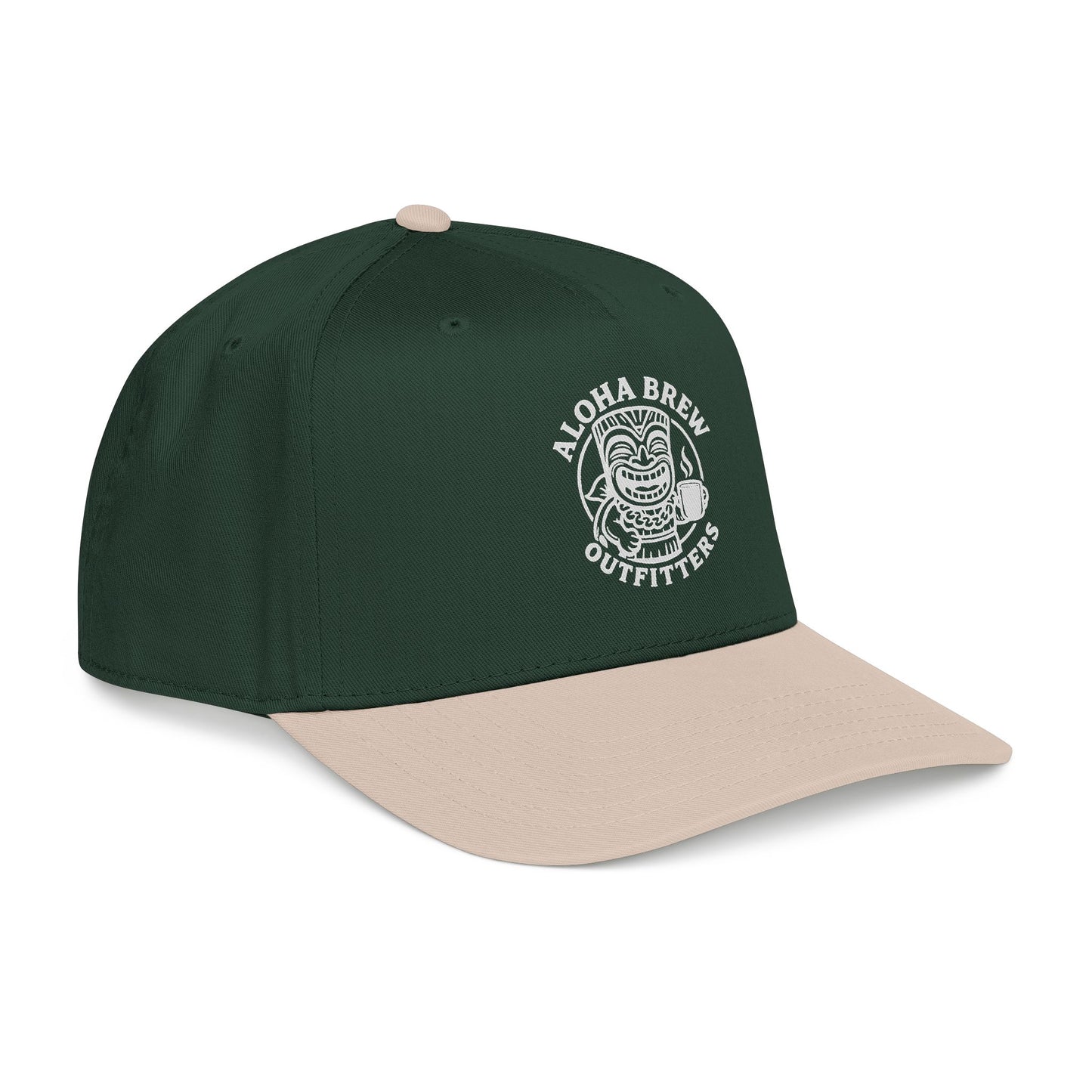 Two-tone green and beige embroidered baseball cap front view