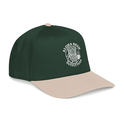 Two-tone green and beige embroidered baseball cap front view