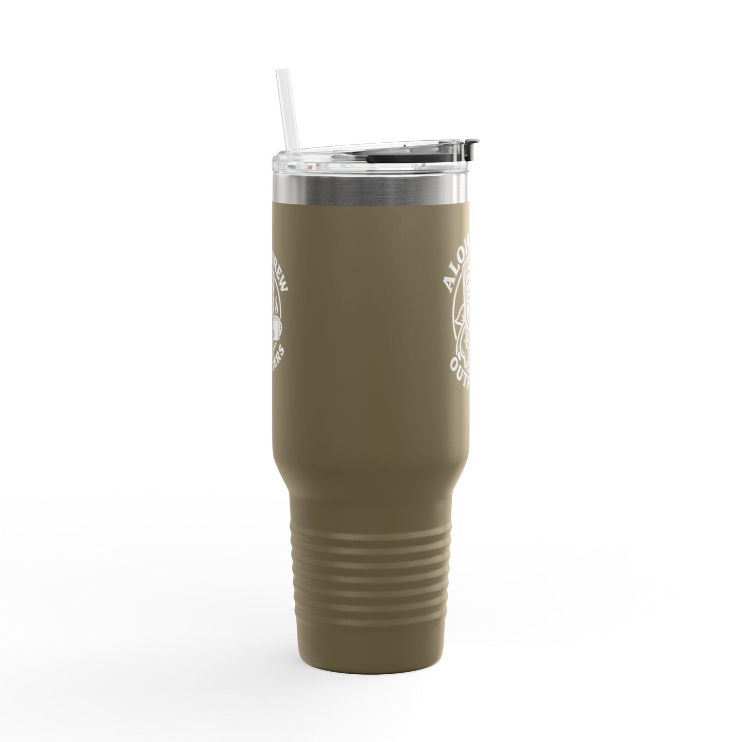 Olive green tumbler with silver lid on a white background