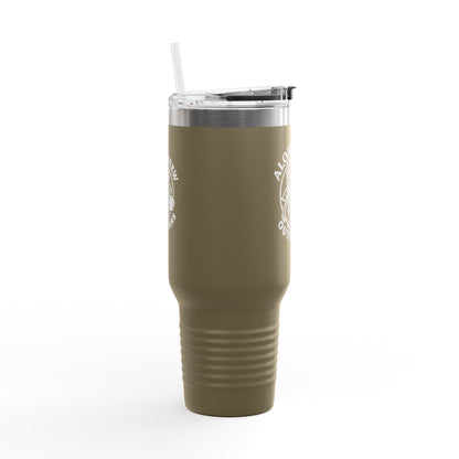 Olive green tumbler with silver lid on a white background