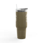 Olive green tumbler with silver lid on a white background