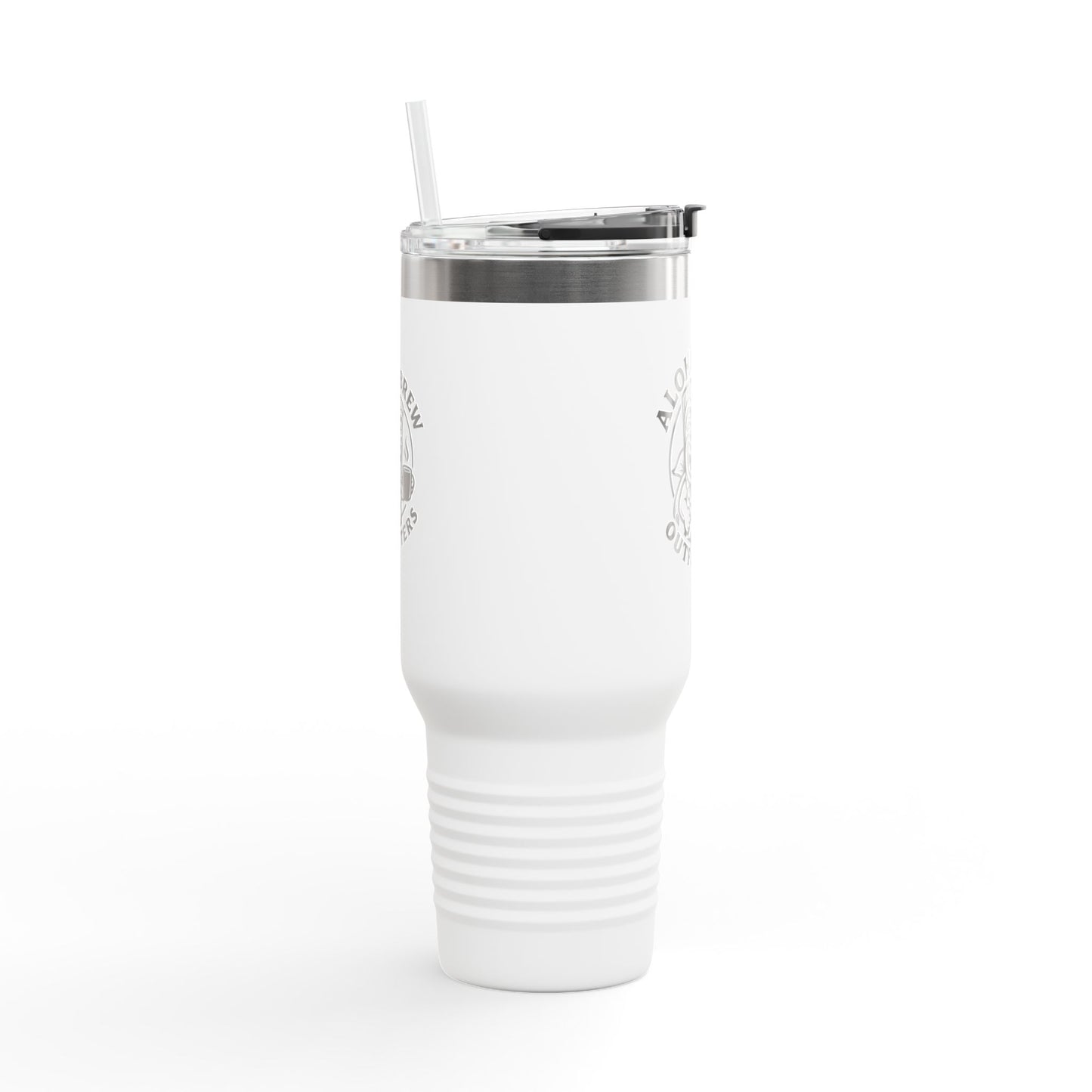 White tumbler with silver rim and straw on a white background