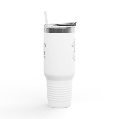White tumbler with silver rim and straw on a white background