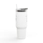White tumbler with silver rim and straw on a white background