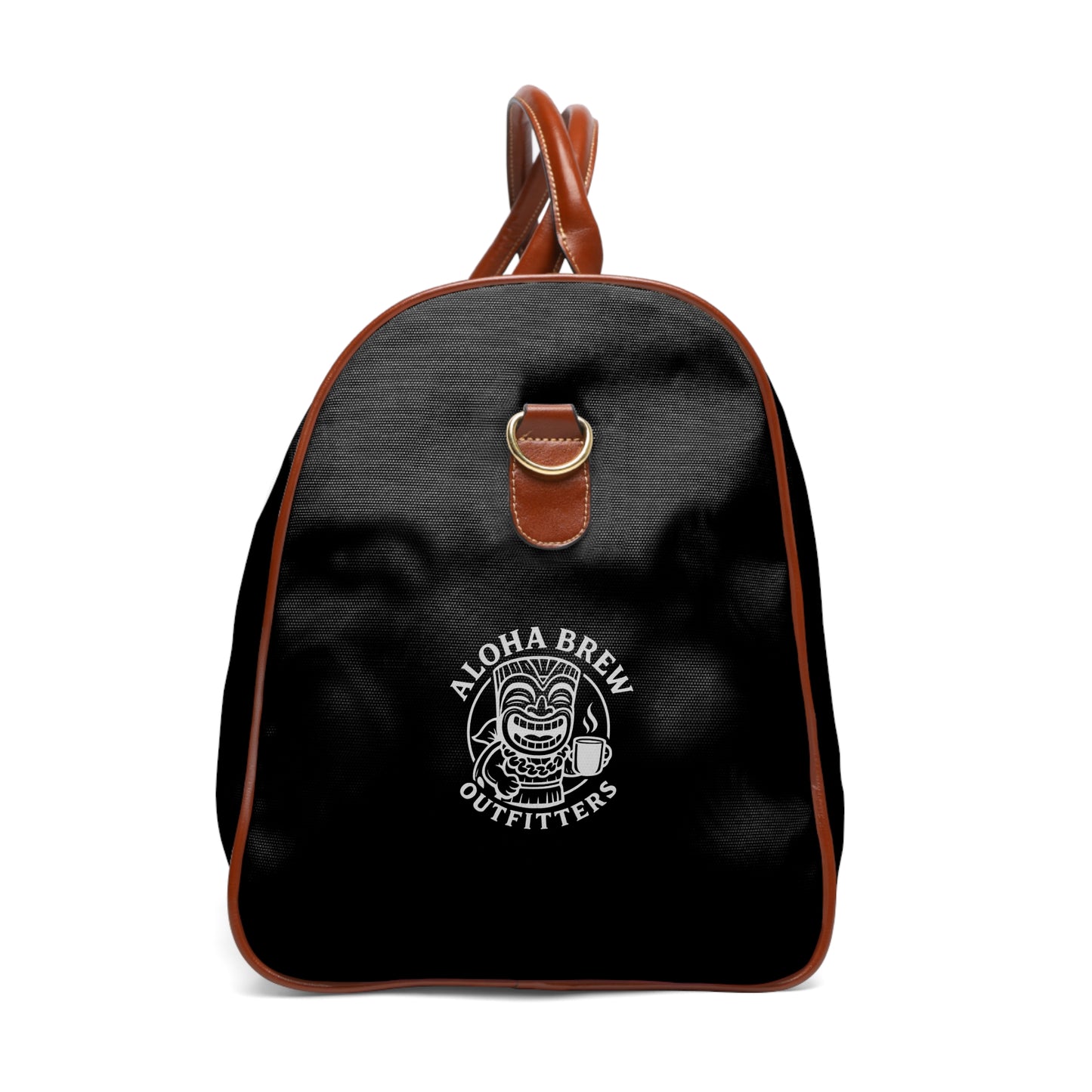 Black backpack with brown straps and 'Aloha Brew Outfitters' logo on a black background
