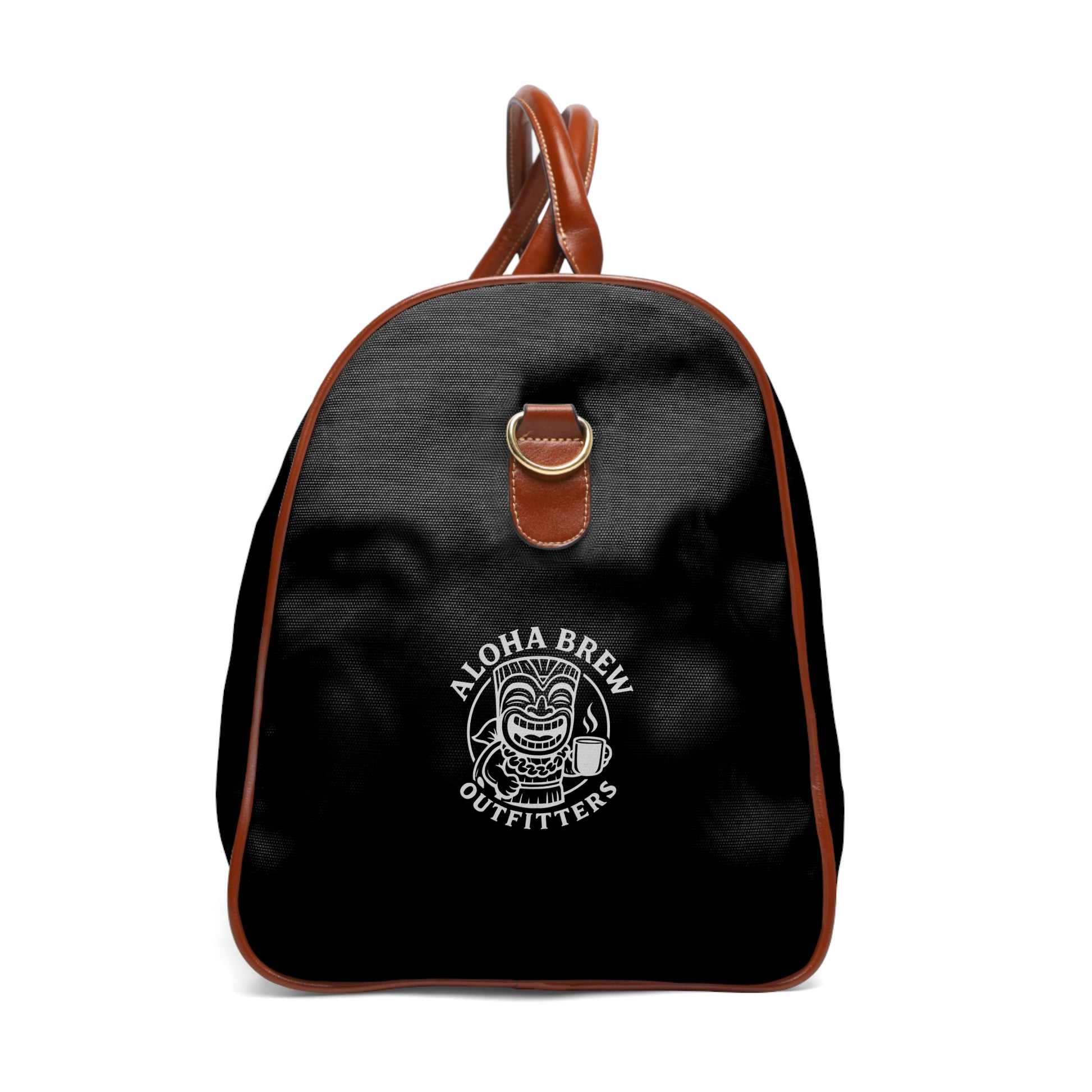 Black backpack with brown straps and 'Aloha Brew Outfitters' logo on a black background
