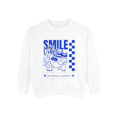 White sweatshirt with blue graphic design on a white background
