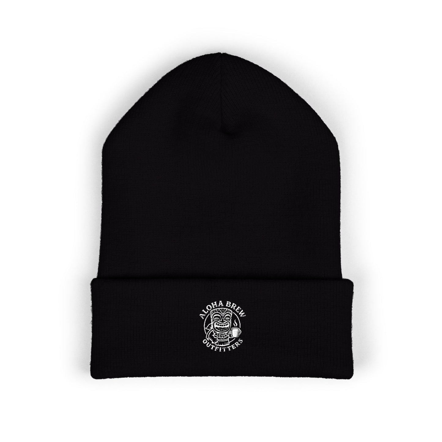 Black beanie with a logo on a white background