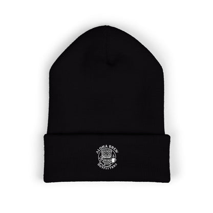 Black beanie with a logo on a white background