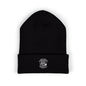 Black beanie with a logo on a white background